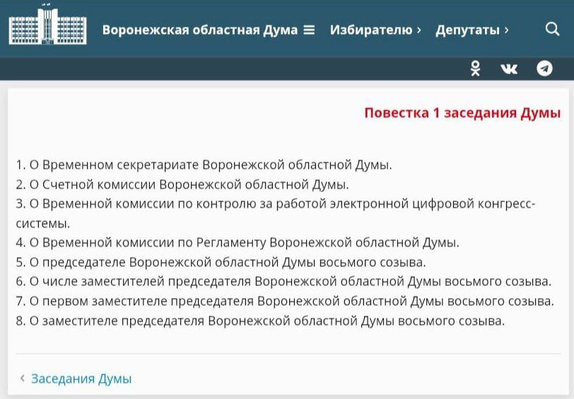 Идет заседание Воронежской облдумы нового состава