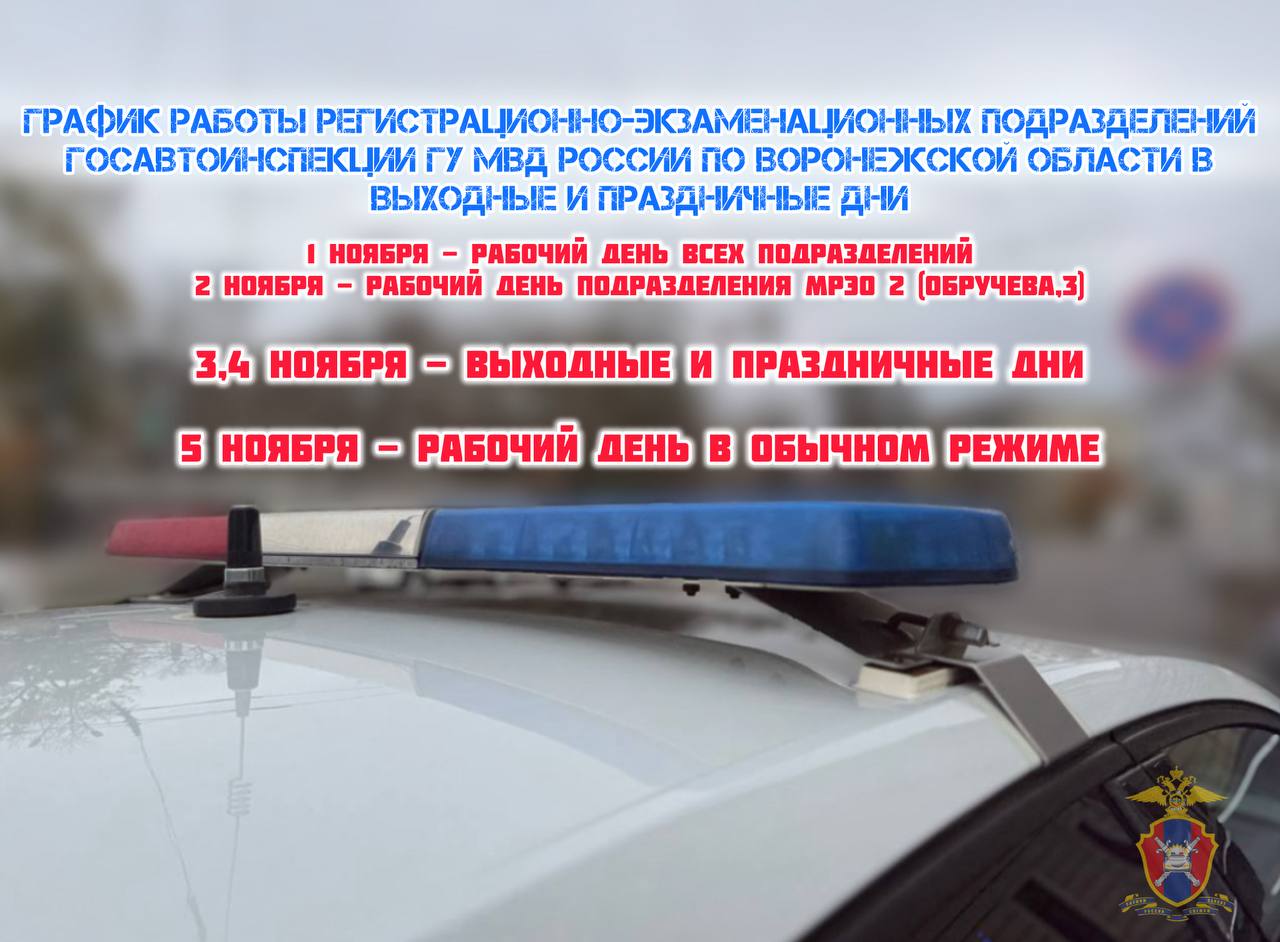 Управление Госавтоинспекции ГУ МВД России по Воронежской области напоминает график работы межрайонных регистрационно-экзаменационных отделов в выходные и праздничные дни