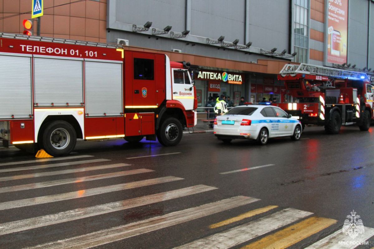 Скопление пожарных машин и спецтранспорта возле ТЦ «Атмосфера» в центре Воронежа оказалось учениями