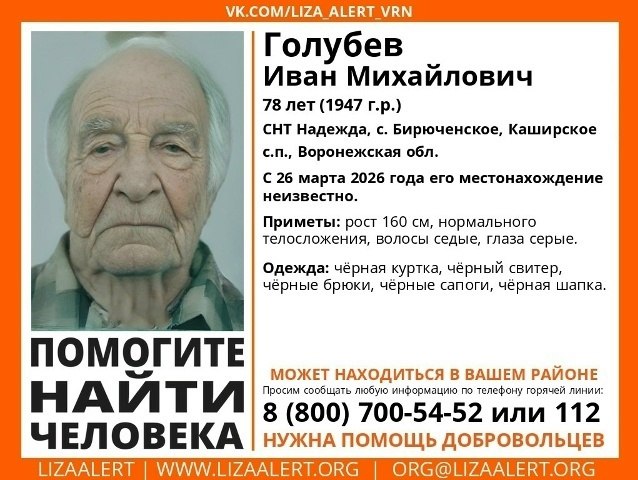 Воронежские волонтеры открыли поиски без вести пропавшего 78-летнего Ивана Голубева в черной одежде