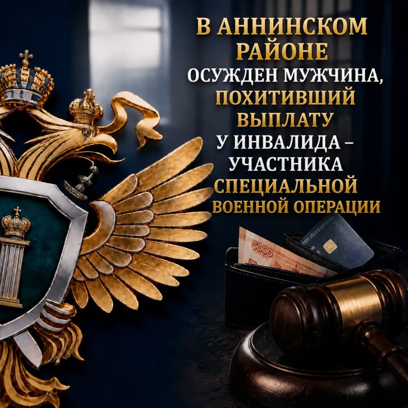 В Аннинском районе осужден мужчина, похитивший выплату у инвалида – участника специальной военной операции